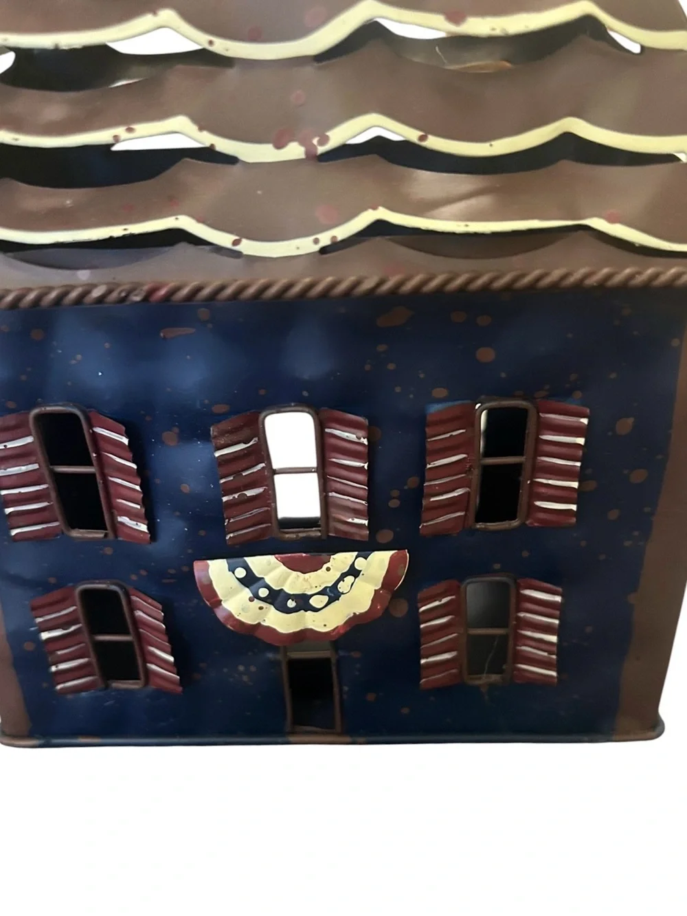 primitive-style blue and brown metal house candle lantern 7X5.5”